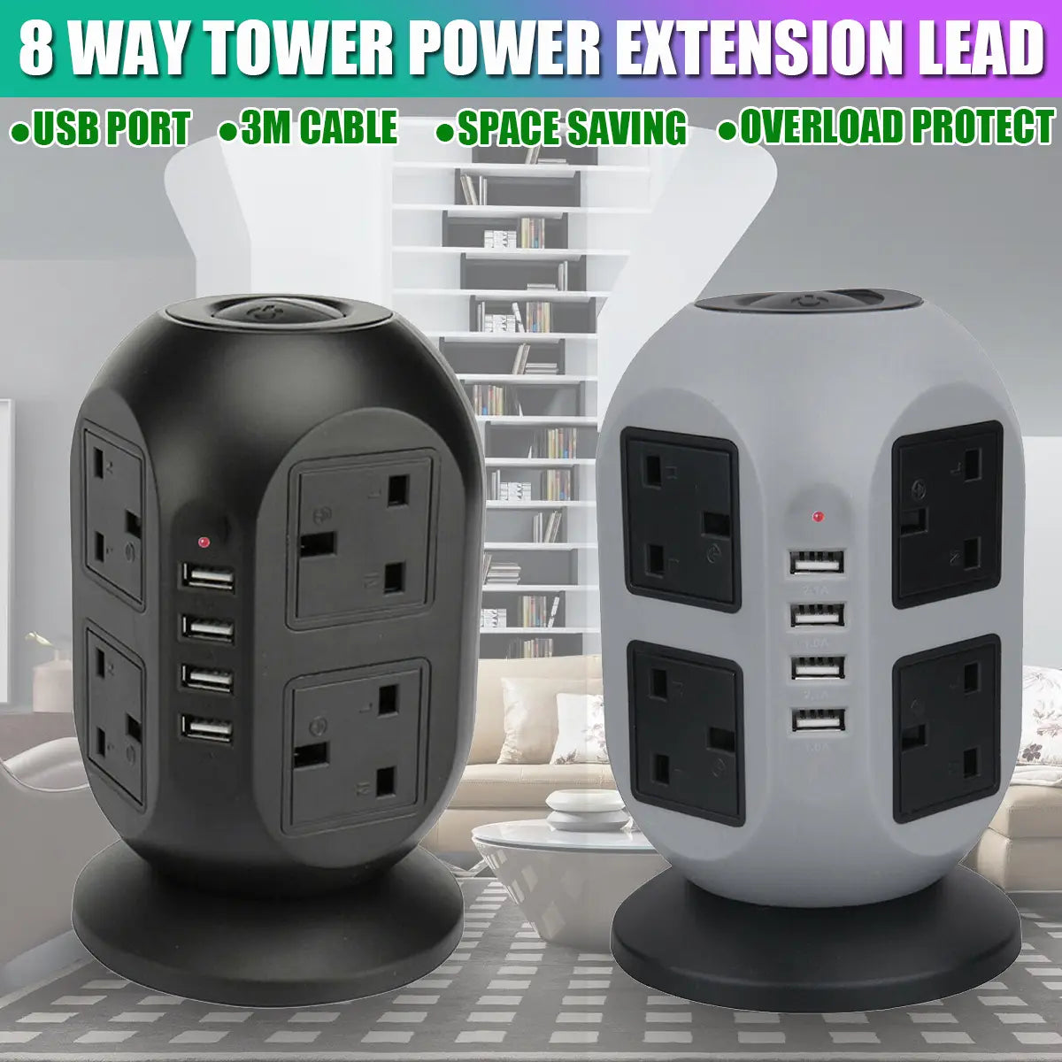 3m Extension Lead Cable Surge Protected Tower Power Socket