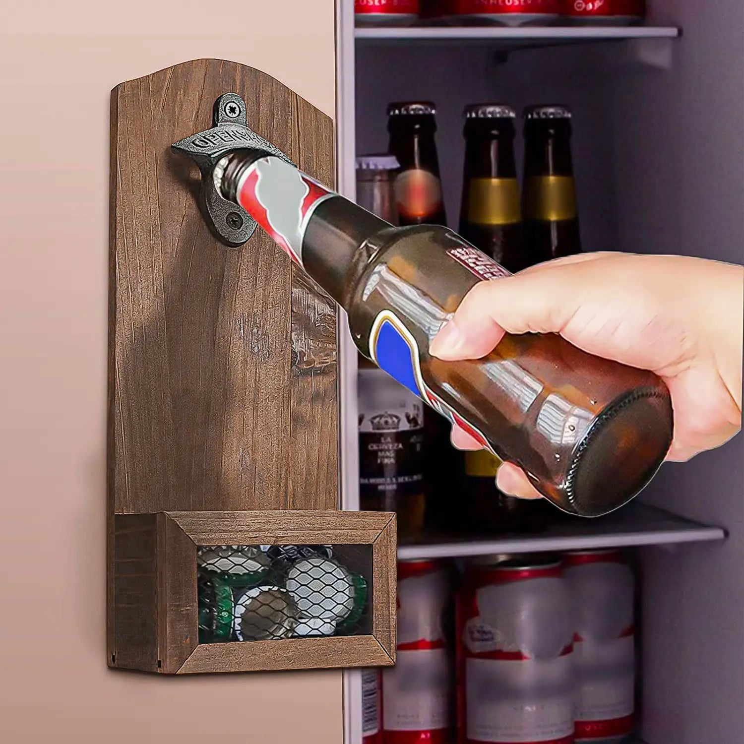 Bottle Opener Wooden Wall Mount: Cap Catcher Tool