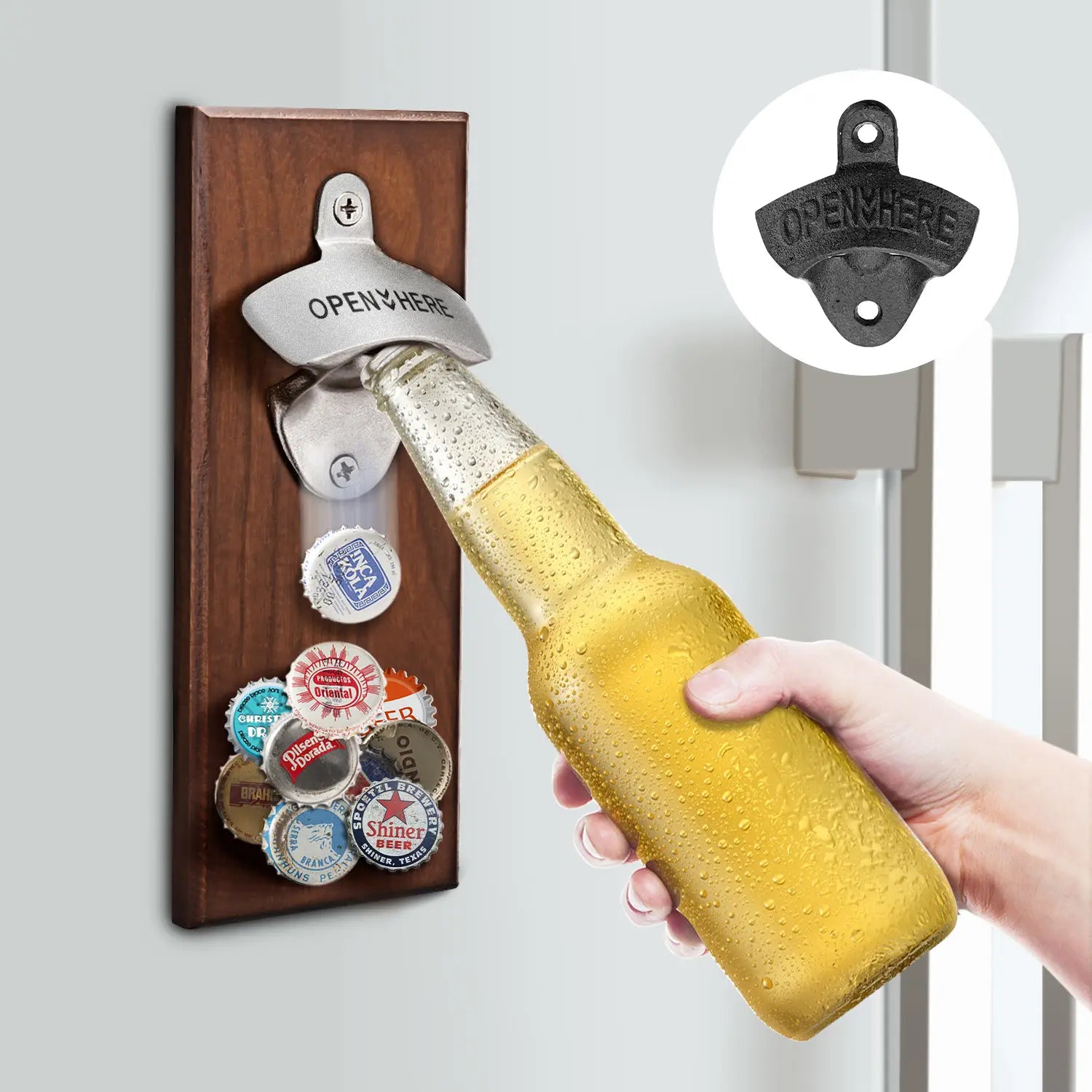 Wooden Wall Mounted Bottle Opener With Magnetic Catch