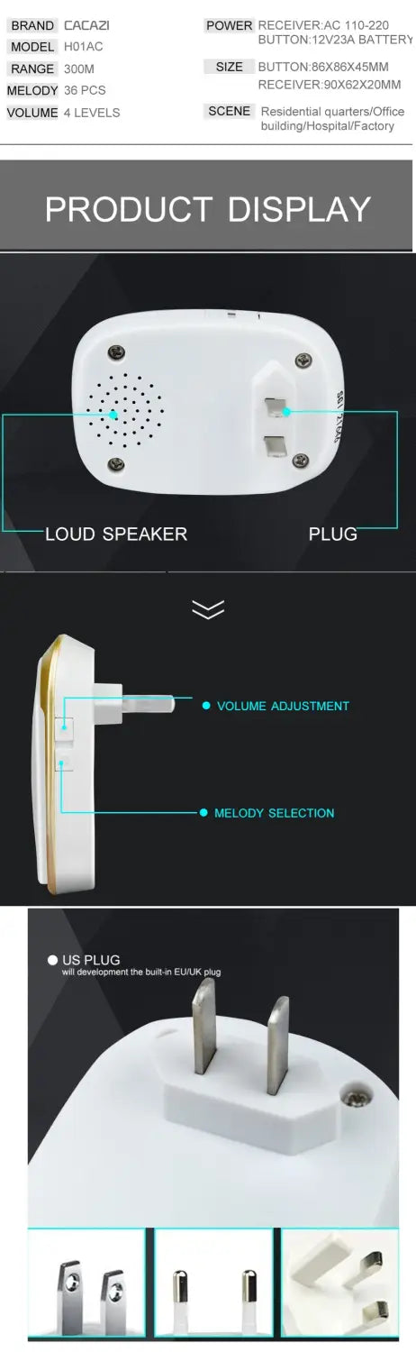 Cacazi Ac110-220v Wireless Doorbell Waterproof 1 Button+1