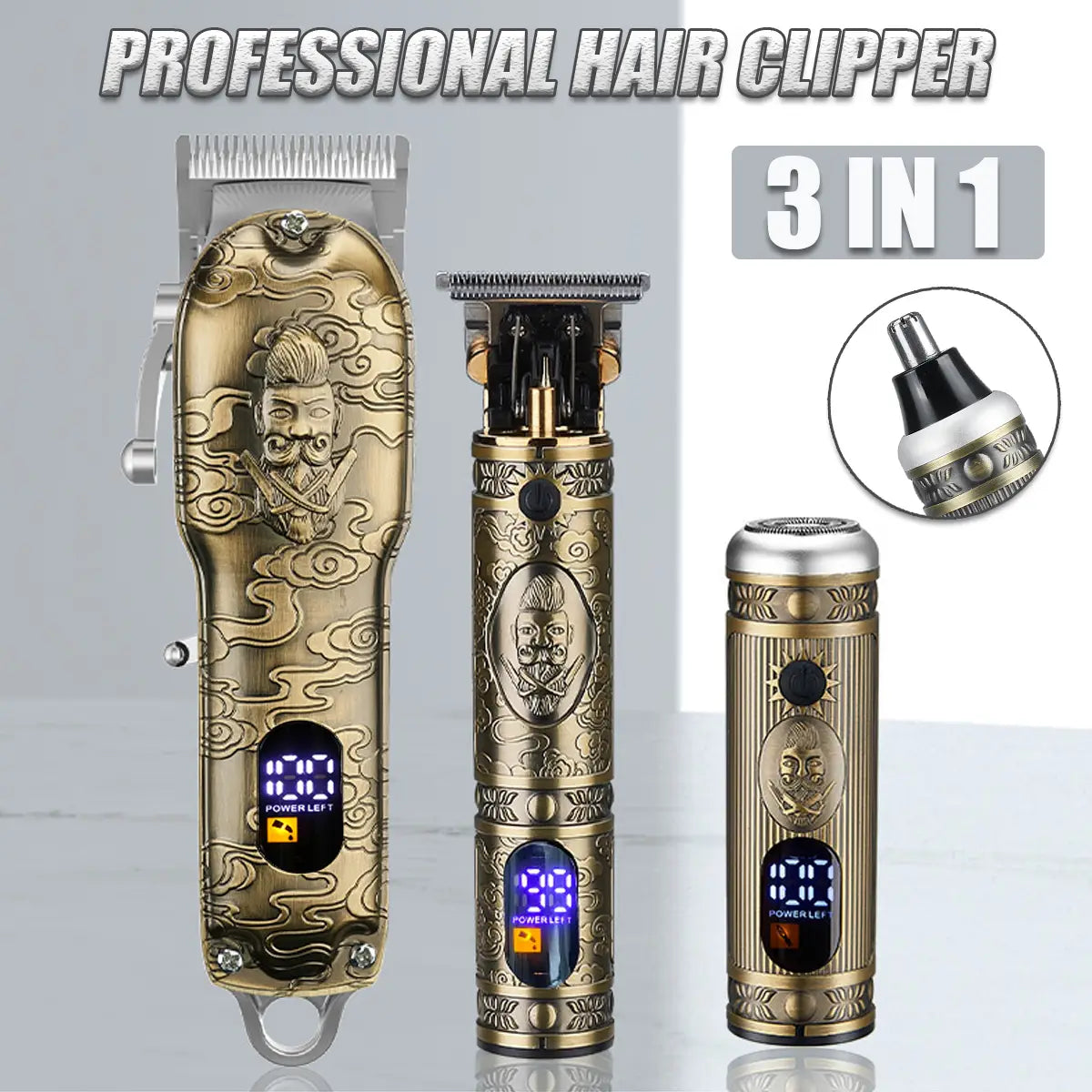 3-in-1 Embossed Retro Hair Clipper Lcd Liquid Crystal