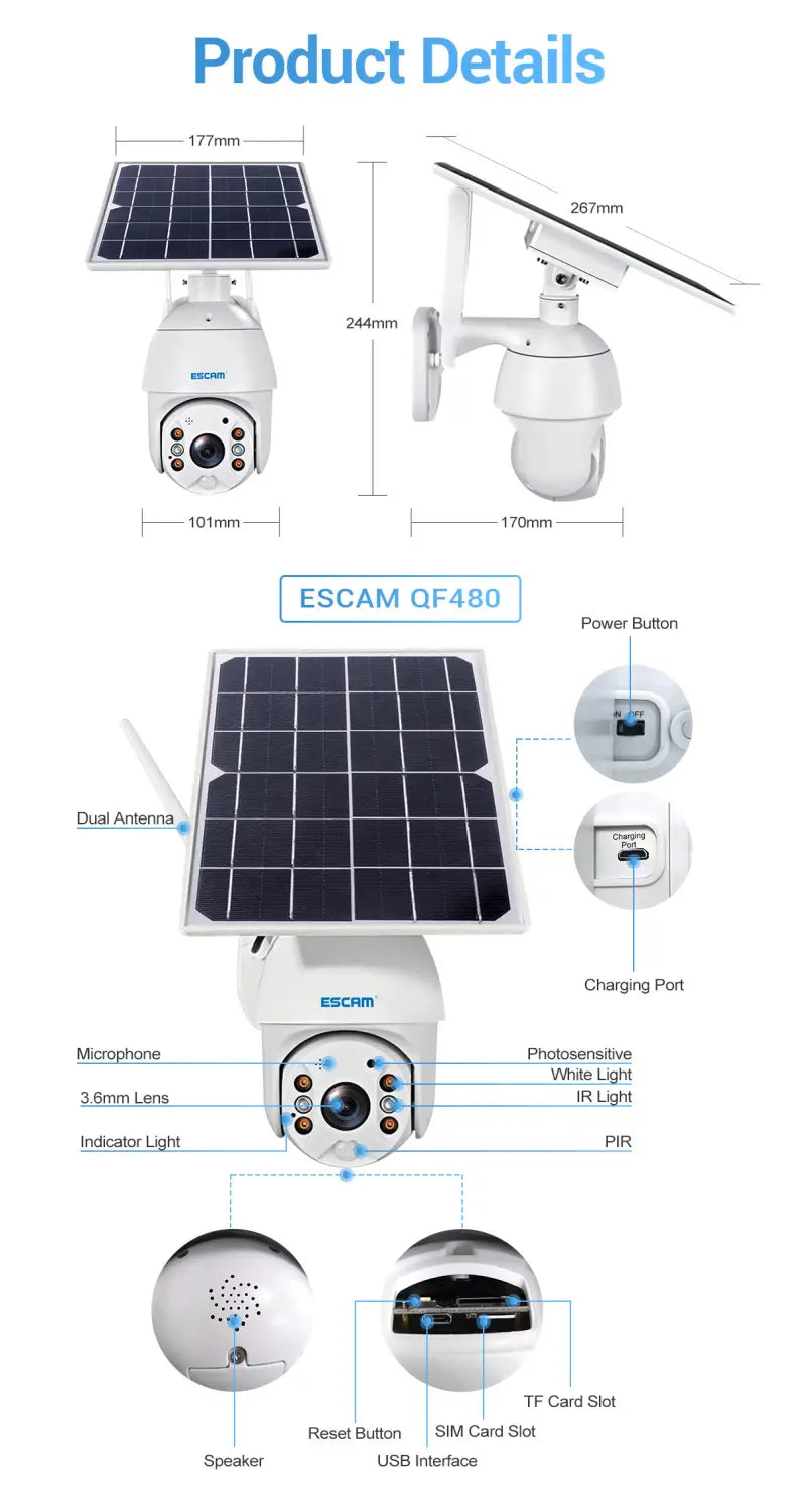 Escam Qf480 1080p Cloud Storage Pt 4g Pir Alarm Ip Camera