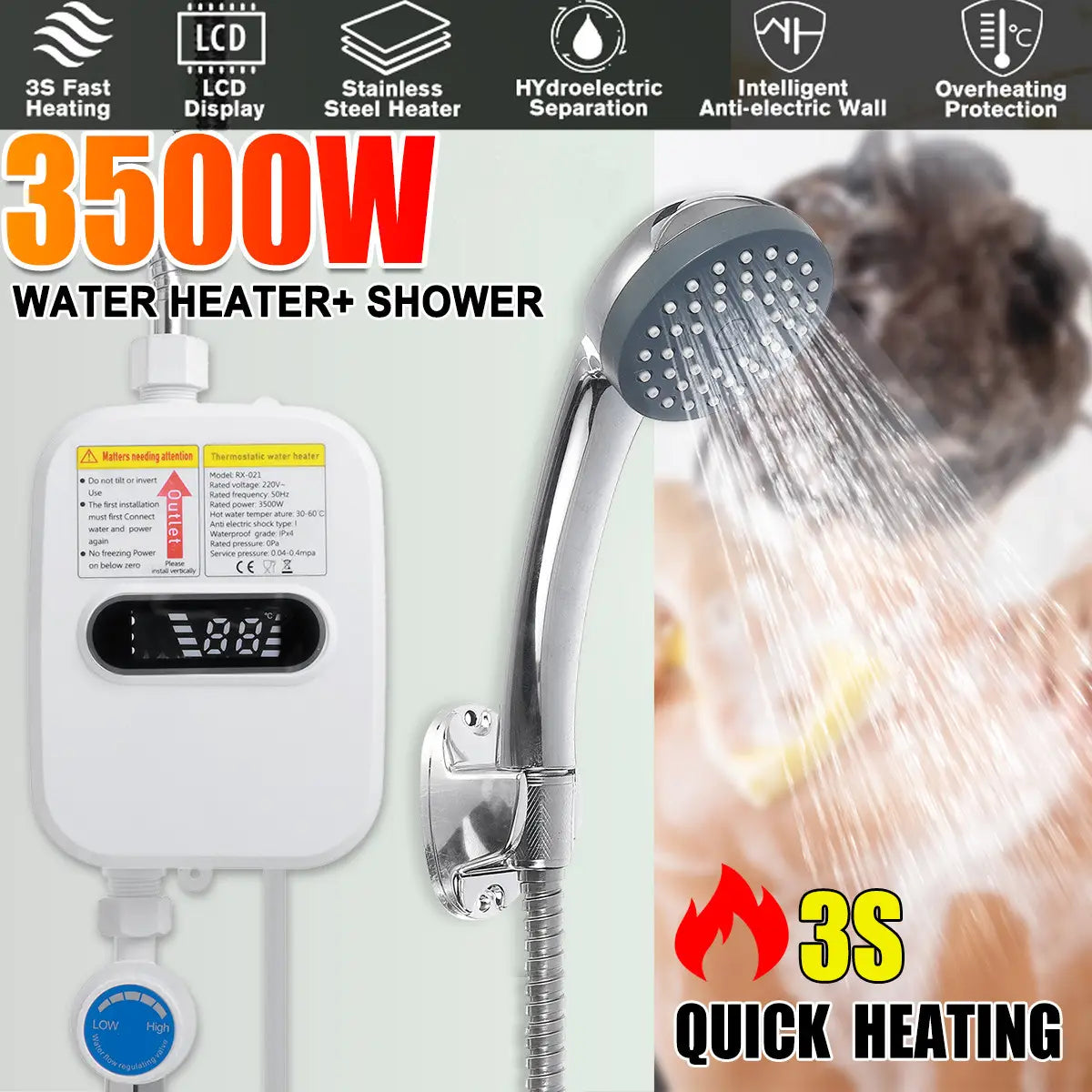 3500w 110v Instant Water Heater Shower 3s Heating Bathroom