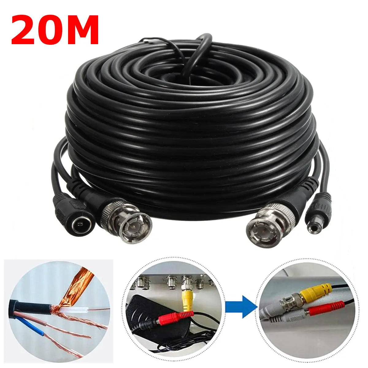 65ft 20m Security Camera Cable Video Power Extension Wire