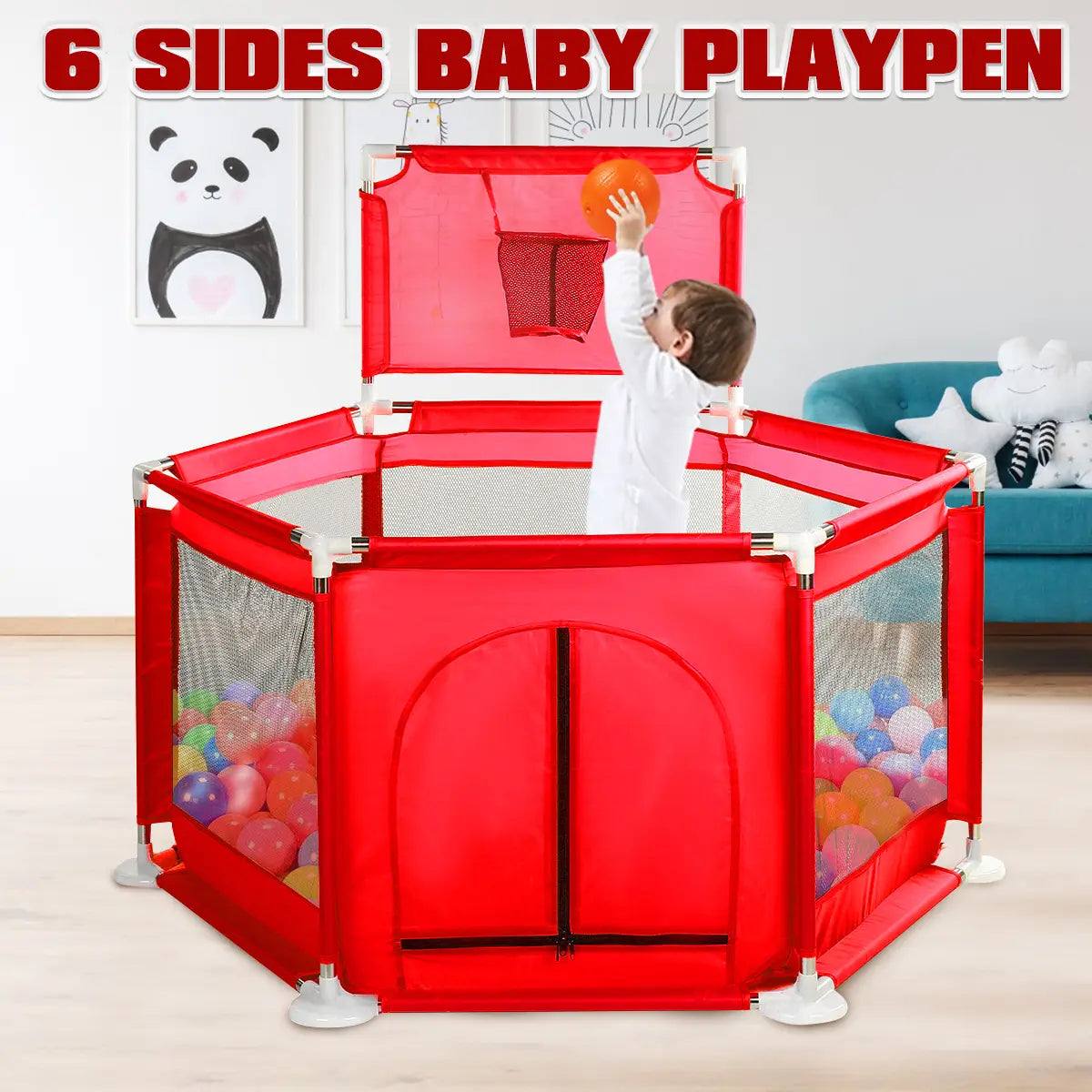 2 In 1 6-sided Baby Playpen With Ball Frame Toddler Children