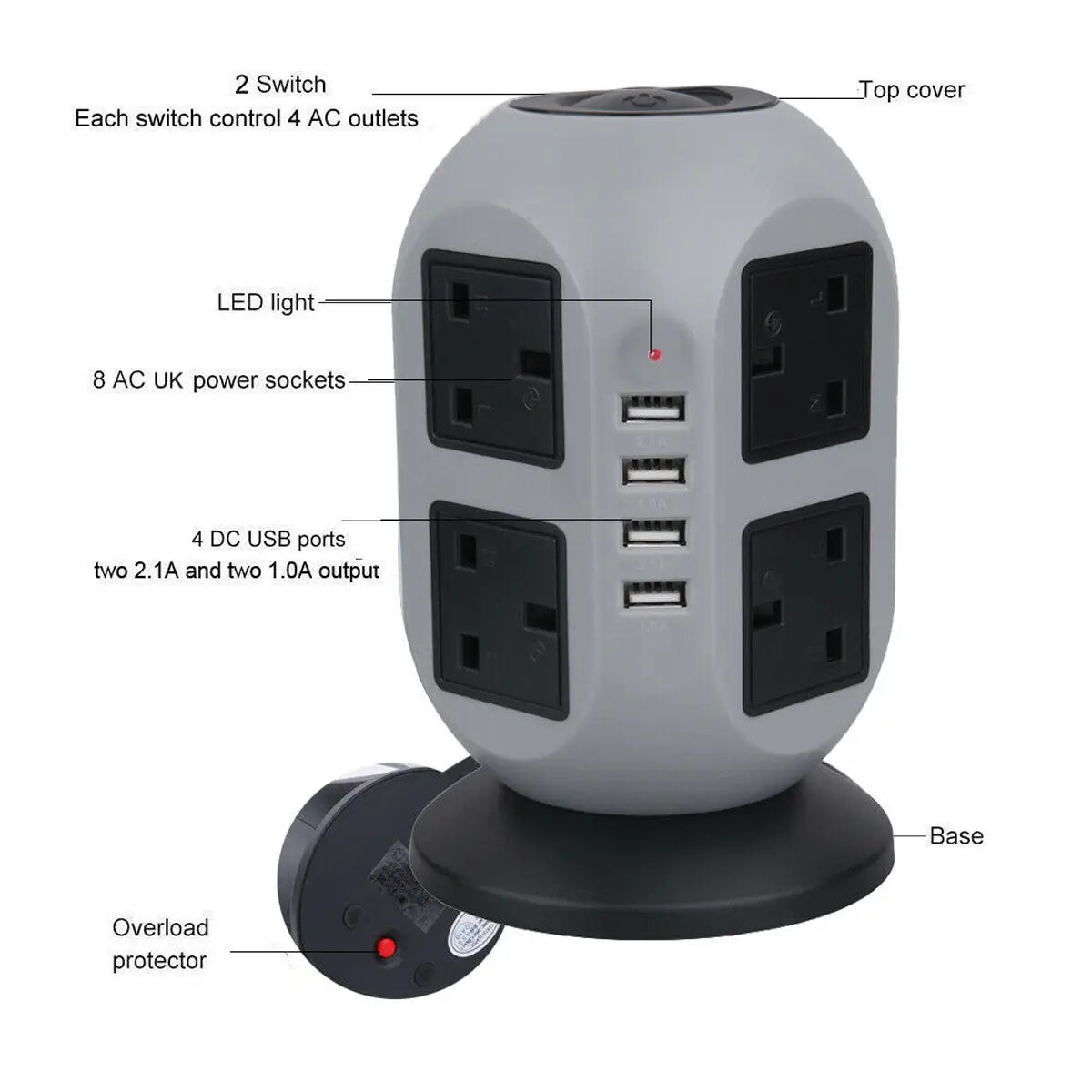 3m Extension Lead Cable Surge Protected Tower Power Socket