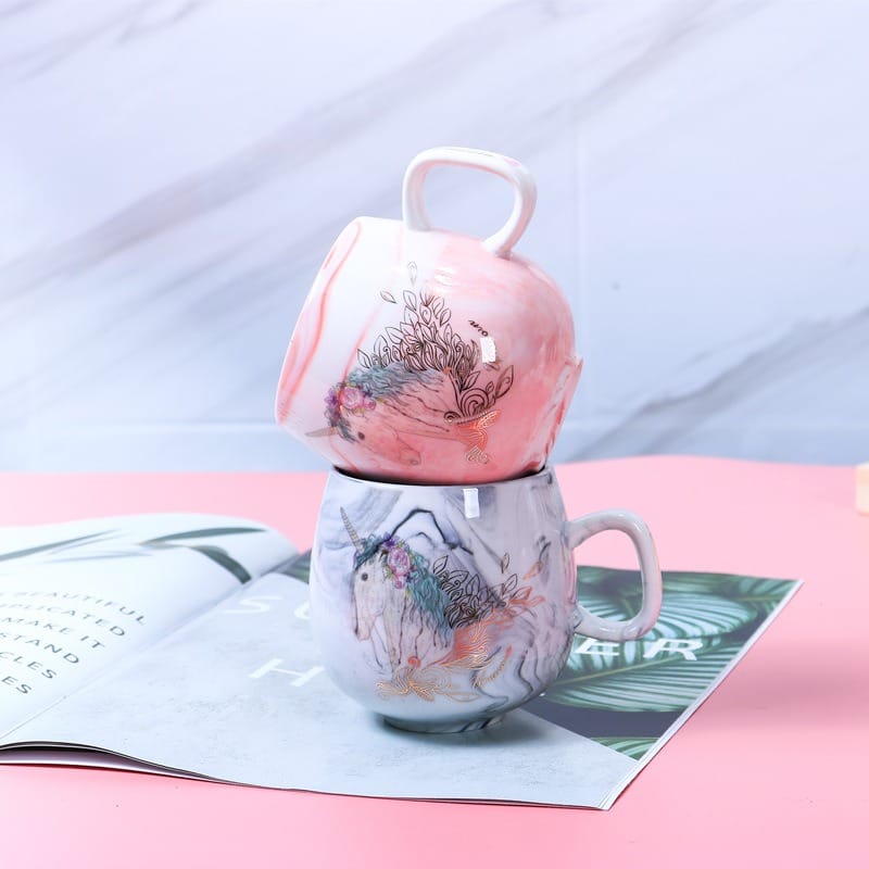 Marbled Ceramic Cup - 400ml Water Glass, Flamingo