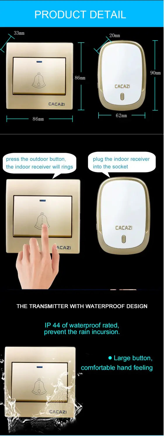 Cacazi Ac110-220v Wireless Doorbell Waterproof 1 Button+2