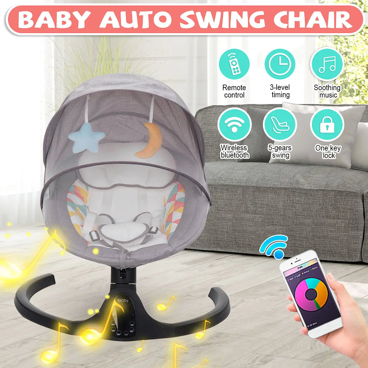 Bioby Electric Baby Swing Chair Bluetooth Music Remote