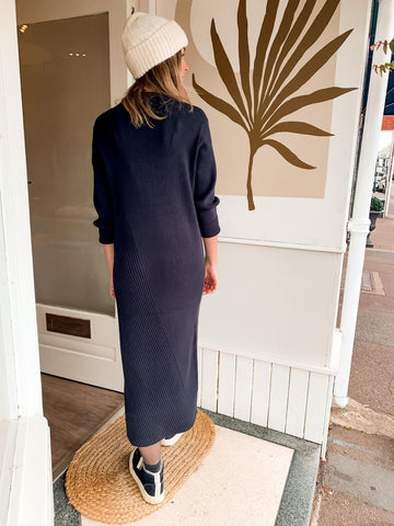Faye wears the ribbed long dress from Yaya outside Rose The Store in Westbourne.
