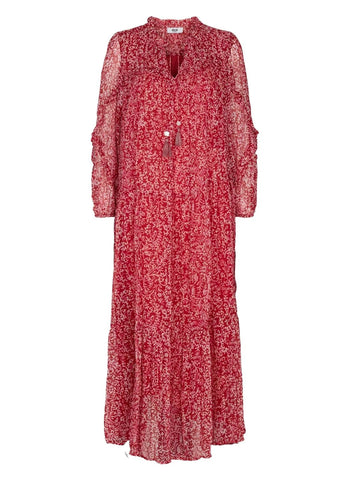 In a beautiful red floral print, this maxi dress makes a great statement piece, with it ruffle details sheer voluminous sleeves and pleated bottom panels.