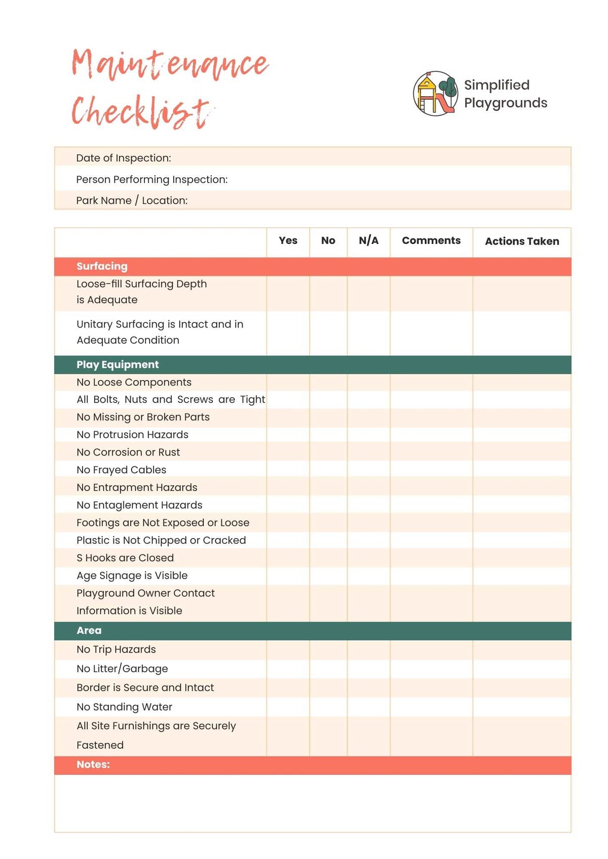 Daycare playground maintenance checklist