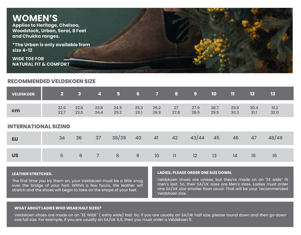 Veldskoen Nederlands Shoe Size Chart