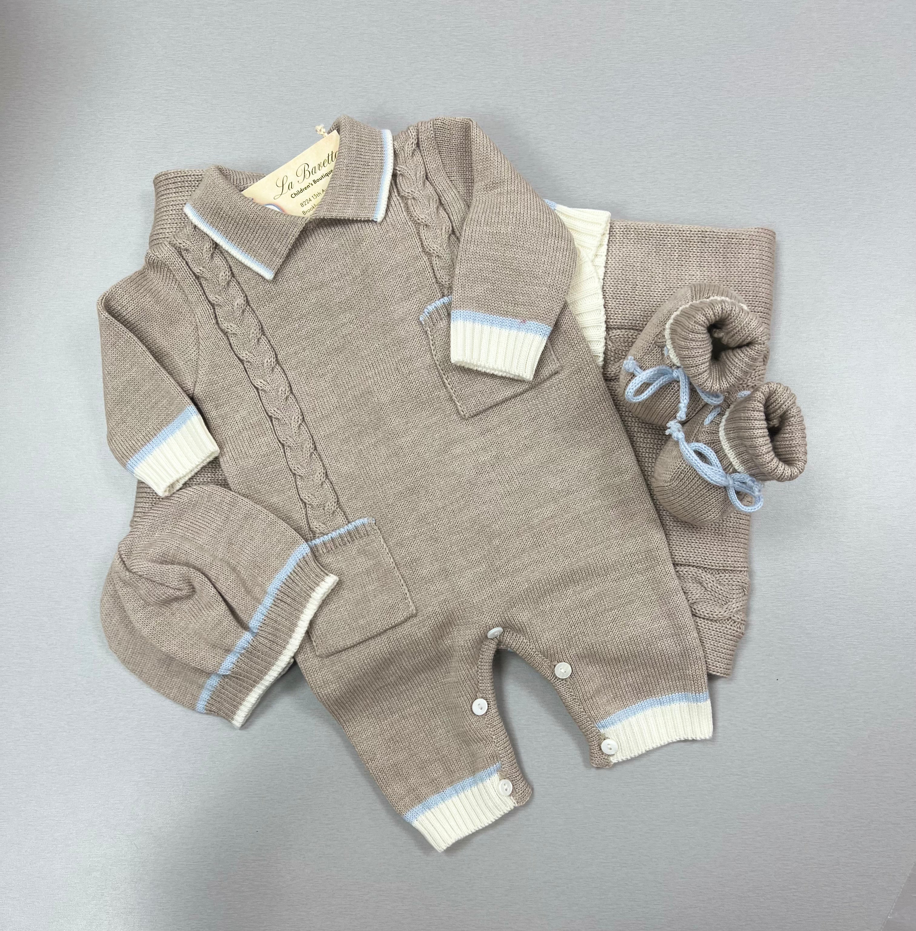 Bimbalo 6763 Beige with trimming Blue romper 4pc take me home set