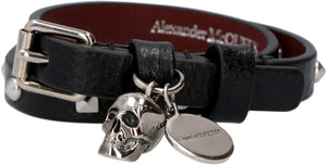 Leather bracelet with metal logo pendant and skull-1
