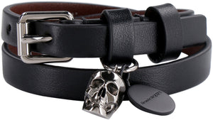 Leather bracelet with metal logo pendant and skull-1