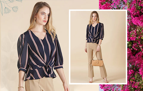 Navy Stripe Print Georgette Blouse