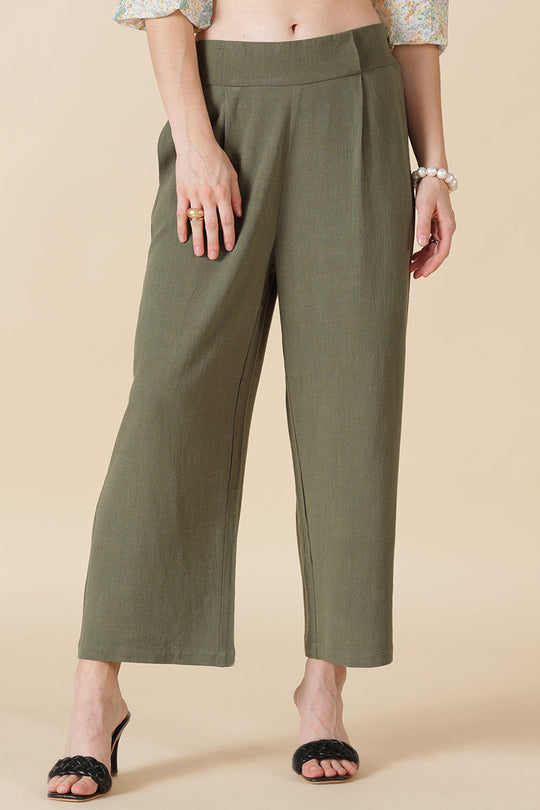 Women Brown Straight Fit Pleated Formal Pants - Gorur Ghash