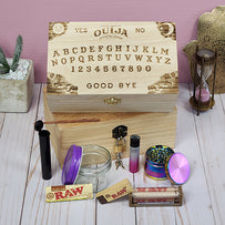 Ouija Board stash box with smoking accessories in front of it