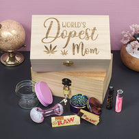 Worlds Dopest Mom Stash Box With Pink accessories in front of it