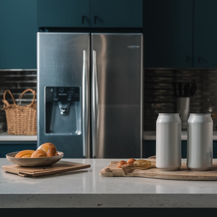 Soda cans on the counter in a kitchen setting