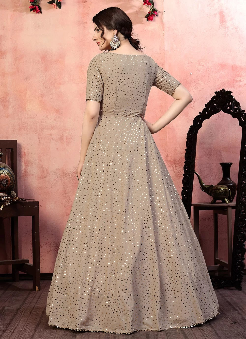 Beige Simple Gowns For Indian Wedding Reception – Gunj Fashion