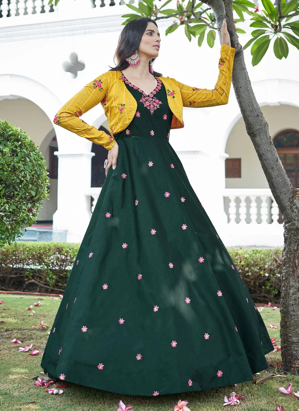 Koti Style Green Cotton Anarkali Long Gown | Gunj Fashion