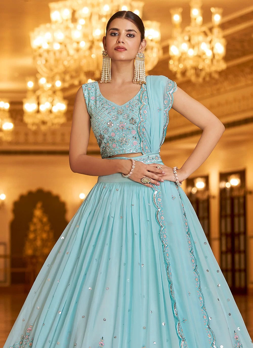 Buy Sky Blue Embroidered Party Wear Lehenga Choli - Bridesmaid ...