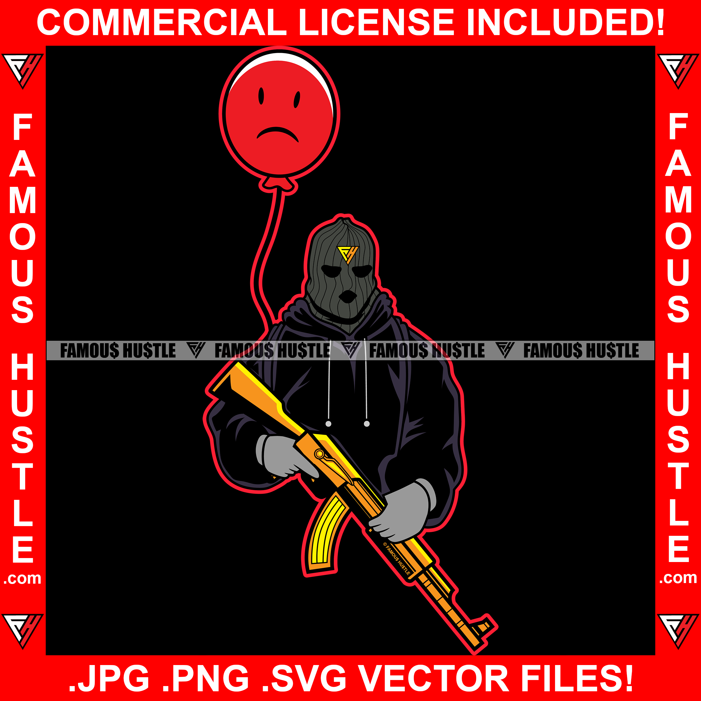 Gangster Man Black Ski Mask Holding Gold Machine Gun Red Balloon Sad F ...