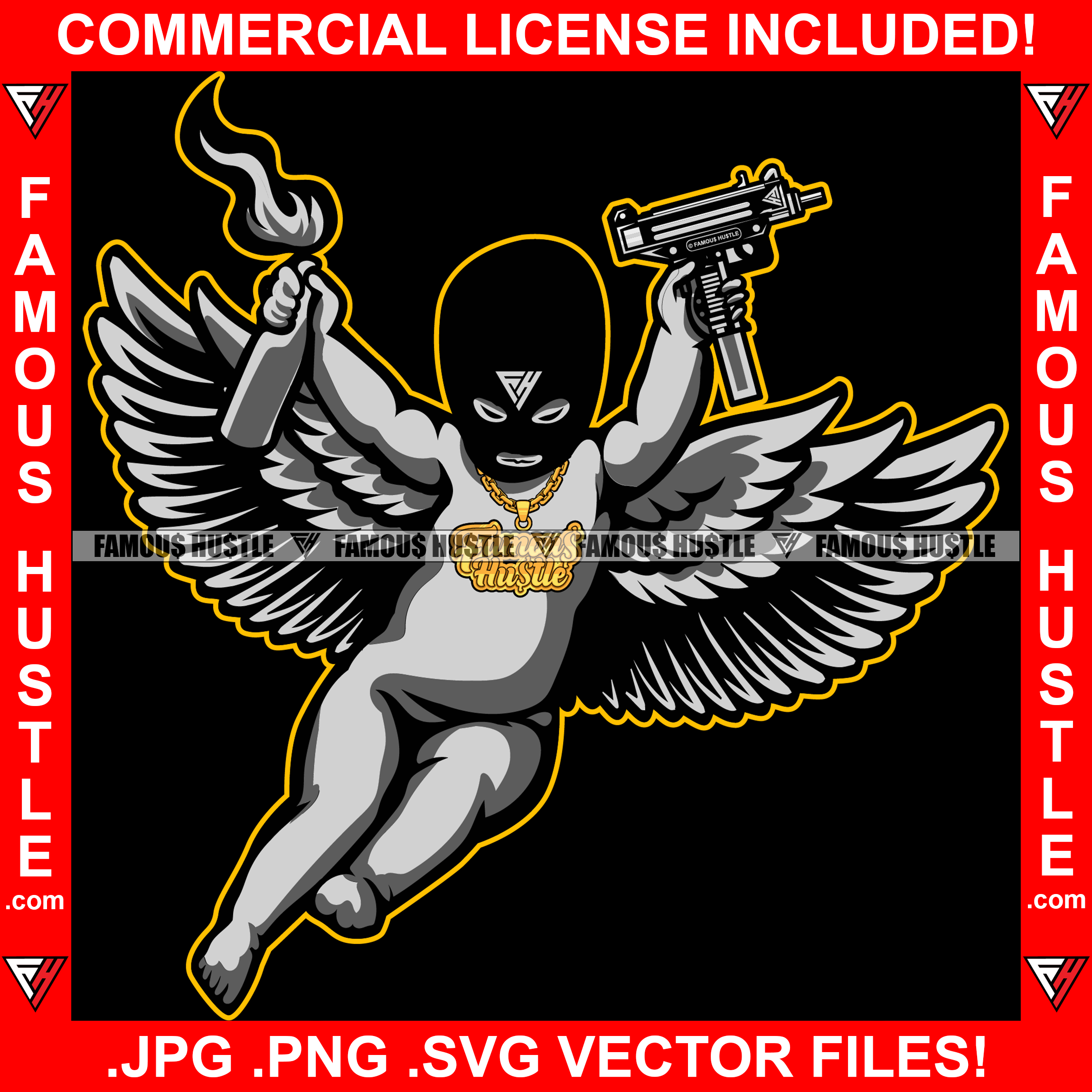 Gangster Angel Wings Baby Statue Ski Mask Tattoo Machine Gun Black Gang Member Hip Hop Rap Plug Trap Street Hood Ghetto Swag Thug Boss Gangsta Hustler Hustling Famous Hustle Art Graphic Design Logo T-Shirt Print Printing JPG PNG SVG Vector Cut File
