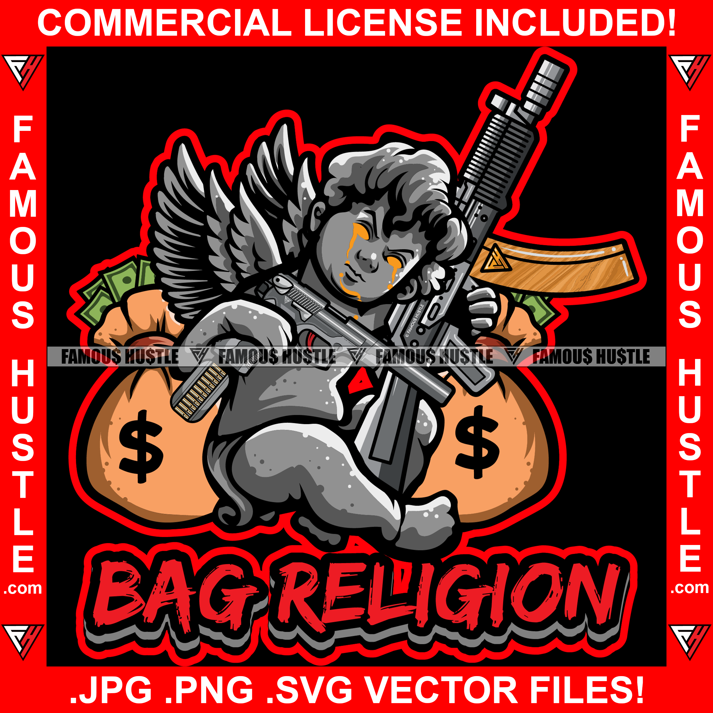 Bag Religion Gangster Angel Wings Statue Cash Money Bags Machine Guns ...