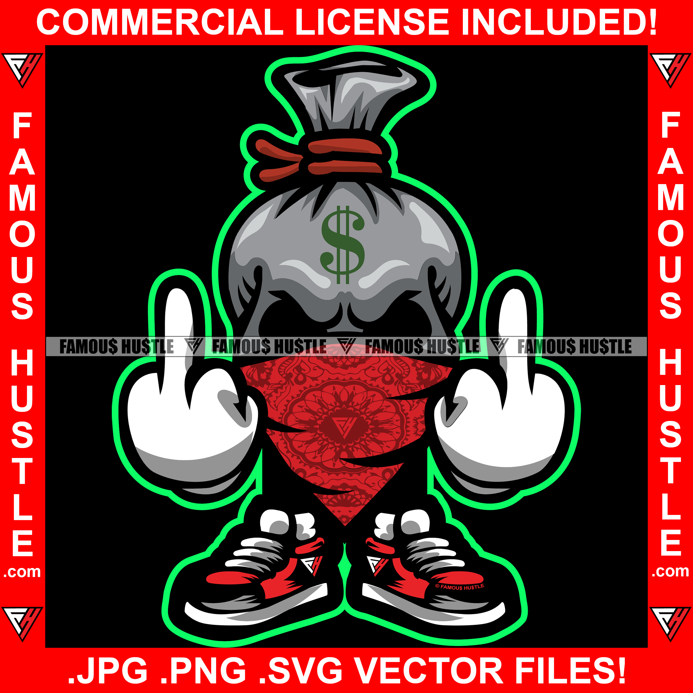 Get Money Gangster Cash Money Bag Cartoon Character Bandanna Showing Middle Finger Dollar Sign Hustler Hustling Famous Hustle Trap Trapper Gangsta Art Graphic Design Logo T-Shirt Print Printing JPG PNG SVG Vector Cut File