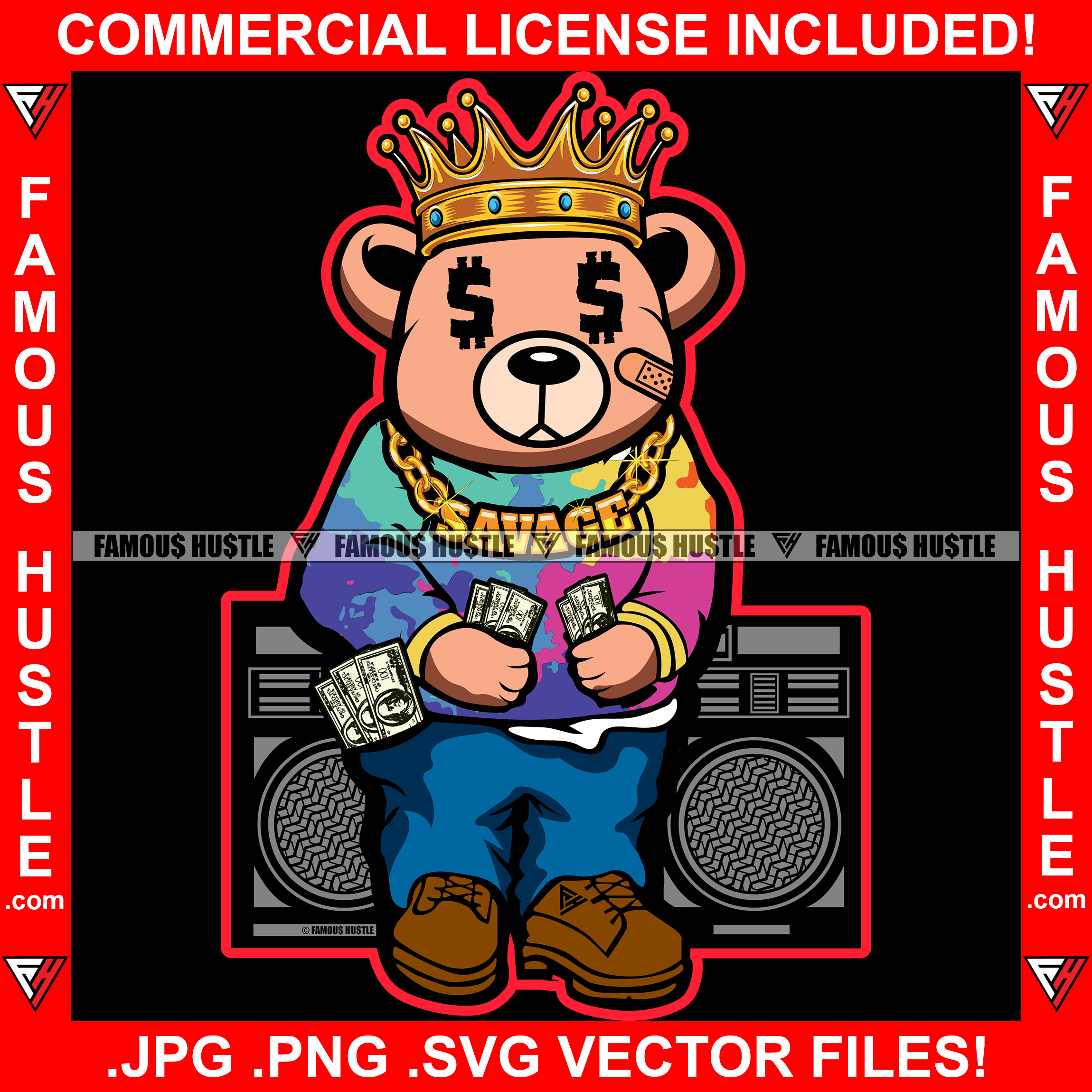 Hustle Gangster Teddy Bear King Holding Cash Money Dollar Sign Eyes Cr ...