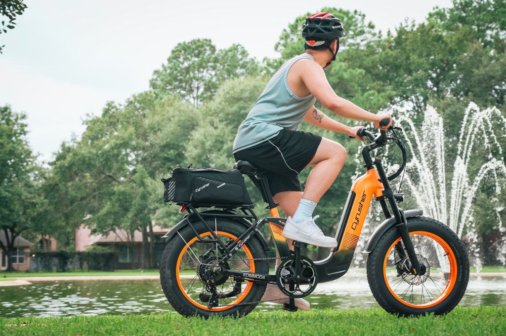 A man rides an electric bike on the grass.-0824
