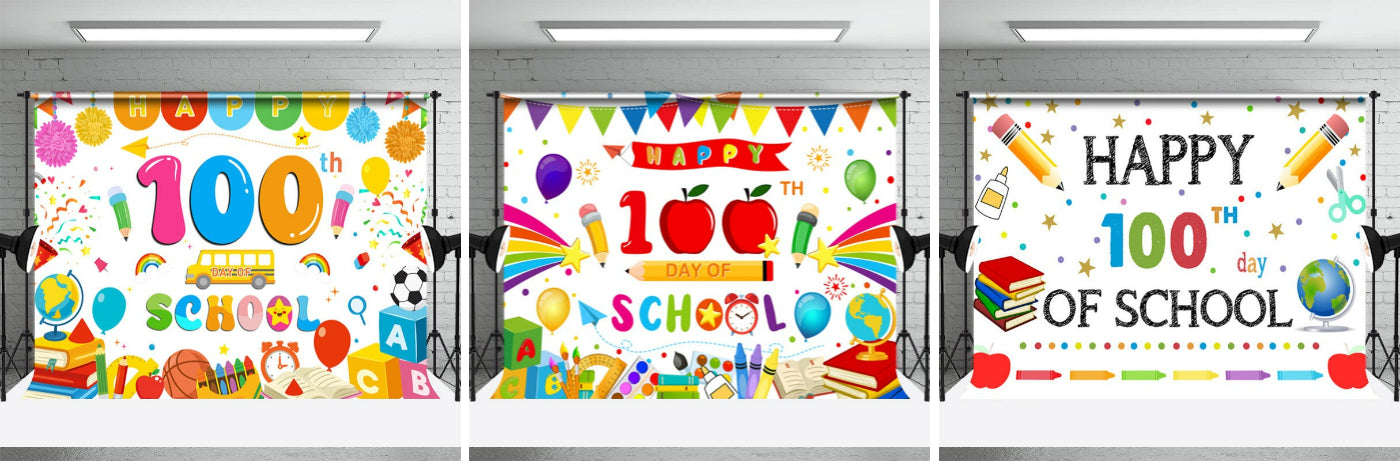 Happy 100th Day Cartoon Pen Back To School Backdrop - Aperturee
