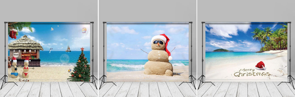 Blue Beach Sandy Snowman Christmas In July Backdrop - Aperturee