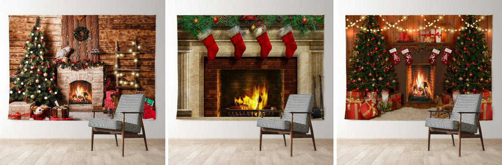 Aperturee Red Stocking Fireplace Family Christmas Backdrop