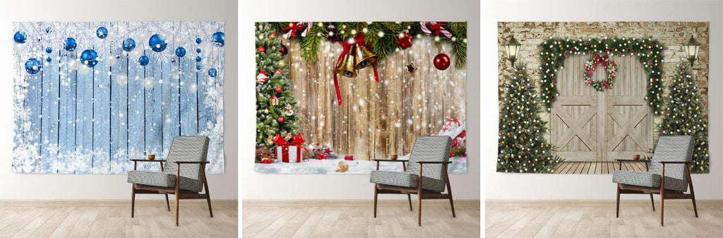 Aperturee Jingle Bells Wooden Snowy Gift Christmas Backdrop