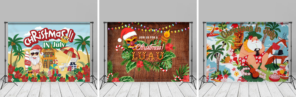 Join Us Wooden Luau Hibiscus Christmas In July Backdrop - Aperturee