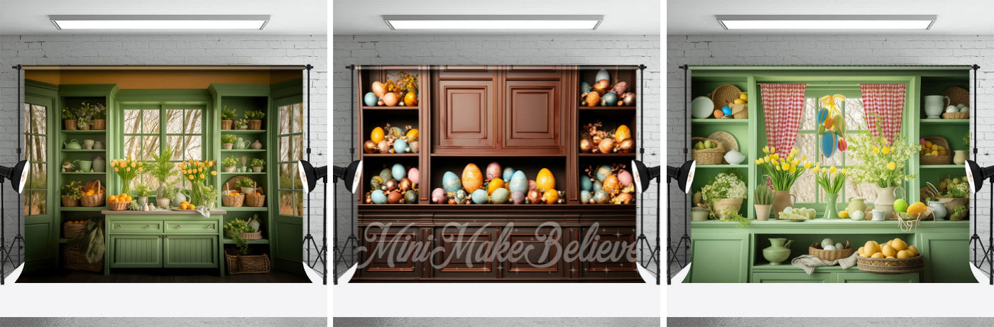 Brown Cabinet Colorful Pascal Eggs Easter Backdrop - Aperturee