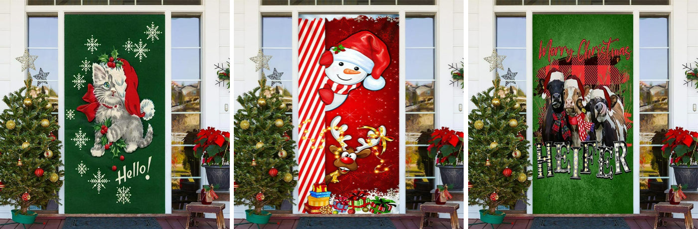 Red Sparkle Cute Snowman Elk Christmas Door Cover - Aperturee