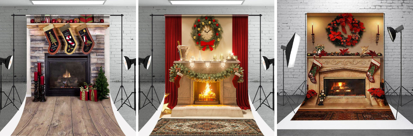 Fireplace Wreath Christmas Photo Sweep Backdrop - Aperturee