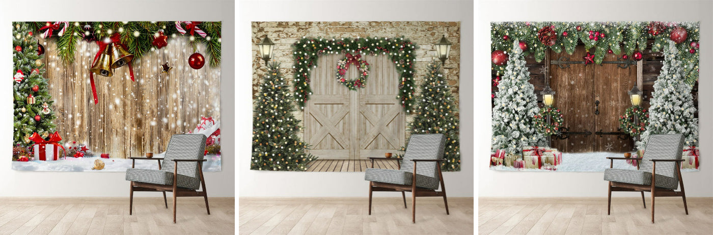 Aperturee Brick Wood Door Xmas Tree Wreath Winter Backdrop