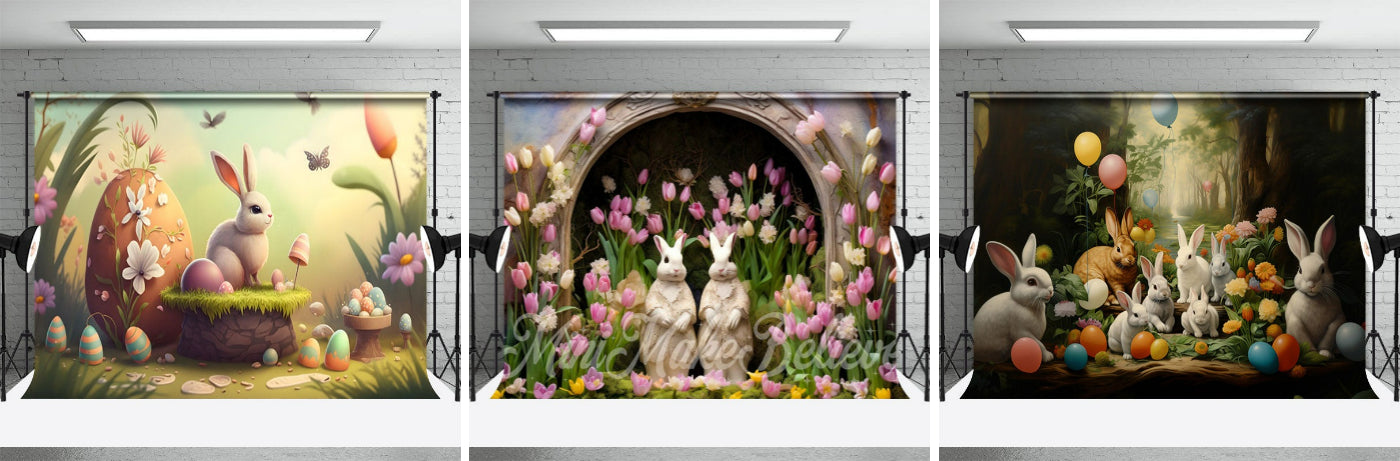 Lovely Bunny Tulip Floral Arch Hole Easter Backdrop - Aperturee