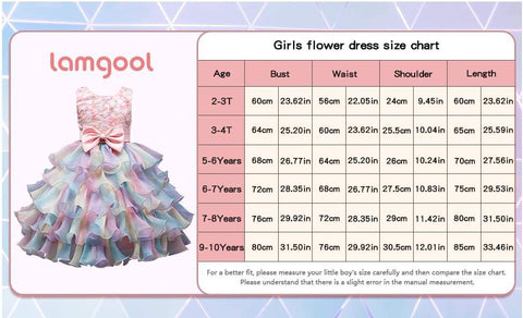Flower Ruffle Rainbow Tulle Bow Party Kids Dress Size Chart