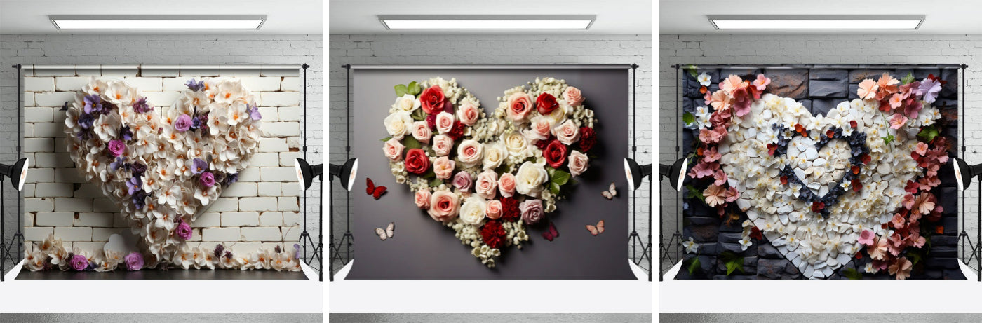 White Cobble Heart Flowers Valentines Day Backdrop - Aperturee