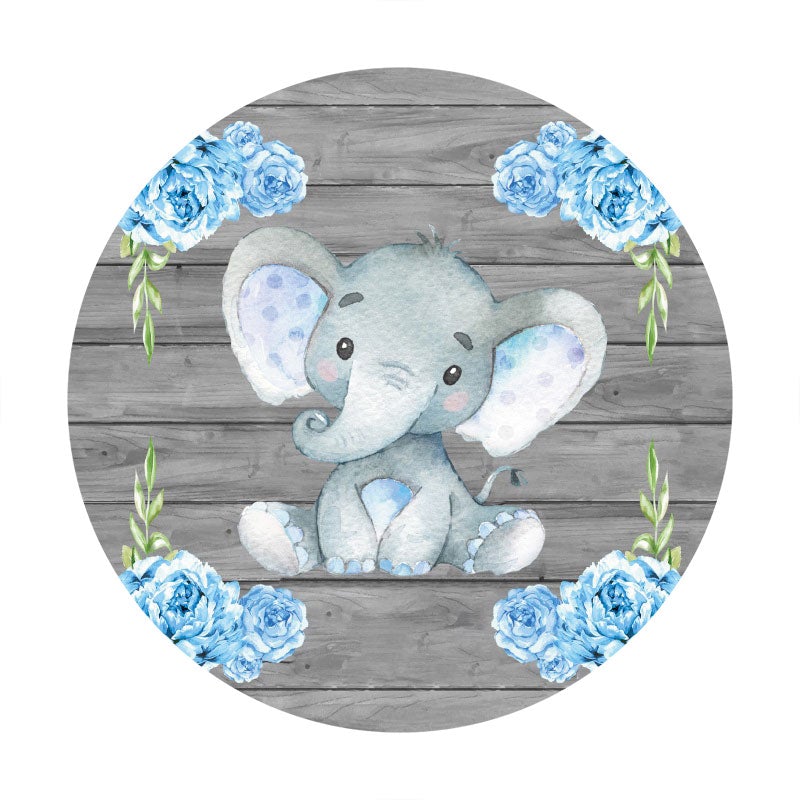 Aperturee - Blue Rose Elephant Wooden Round Baby Shower Backdrop