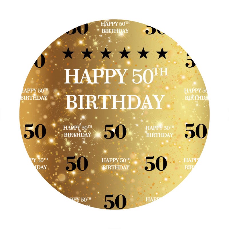 Circle Glitter Gold Black Happy 50th Birthday Backdrop - Aperturee