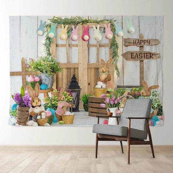 Aperturee Rabbit Garden Wood Gate Happy Easter Backdrop