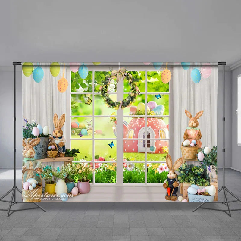 Aperturee White Window Teapot Bunny Eggs Easter Backdrop